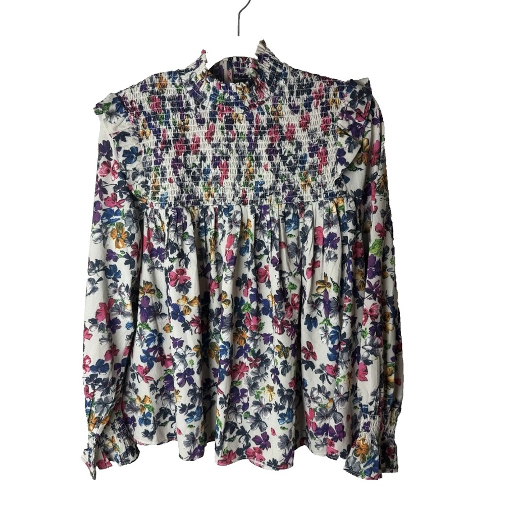 French Connection Blouse Size XS Top Long Sleeves Smocked Upper Ruffles Floral